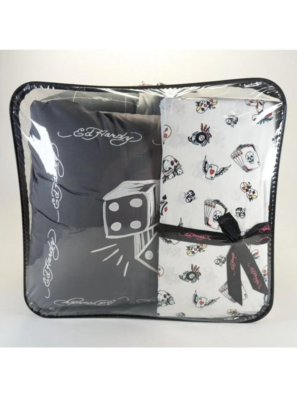Ed Hardy King Comforter Set w Shams Pillow Sheets - Gray White Cards Dice Skull